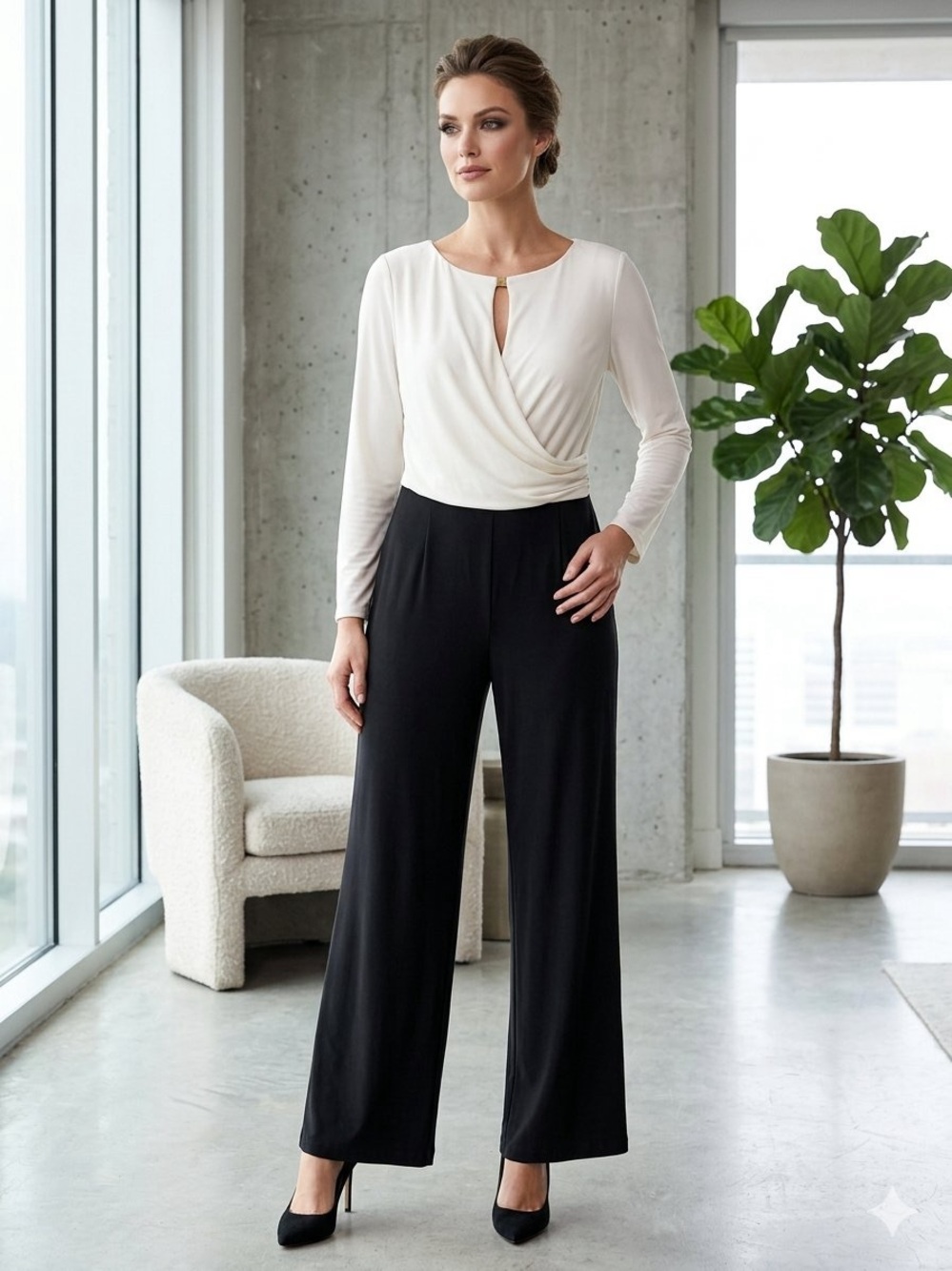 NWT Anne Klein Colorblock Surplice Wrap Jumpsuit Cream Black size 12